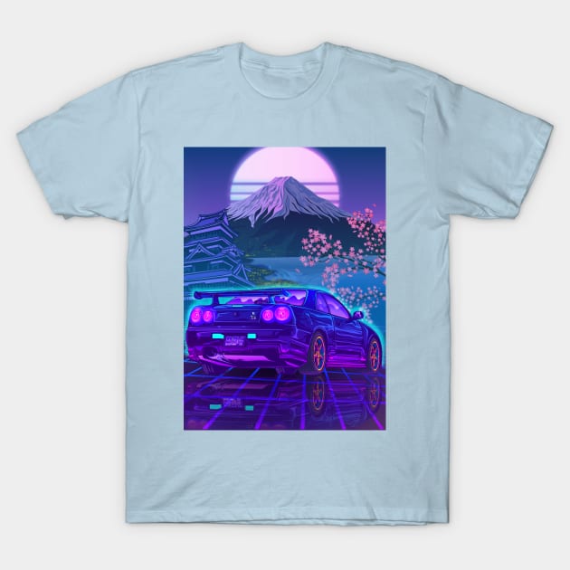 Skyline Gtr R34 Fuji Sakura Vaporwave T-Shirt by Ilhamqrov